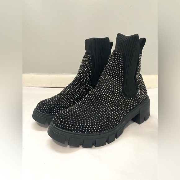 Forever Black Rhinestone Knit Combat Boot - Picture 4 of 13
